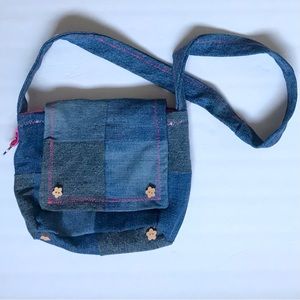 BOUTIQUE Girls Purse Artisan Patchwork Denim Shoulder Strap Flap Front Jean Bag